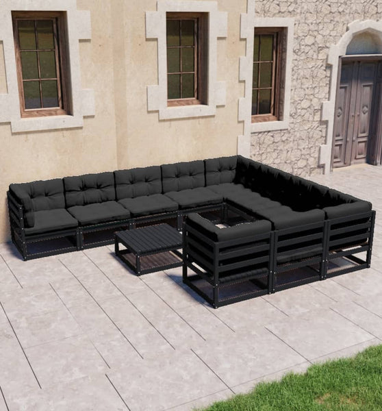 11-tlg. Garten-Lounge-Set mit Kissen Schwarz Kiefer Massivholz