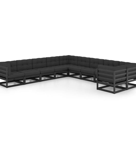 10-tlg. Garten-Lounge-Set mit Kissen Schwarz Massivholz Kiefer