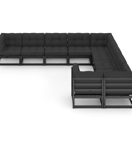 10-tlg. Garten-Lounge-Set mit Kissen Schwarz Massivholz Kiefer