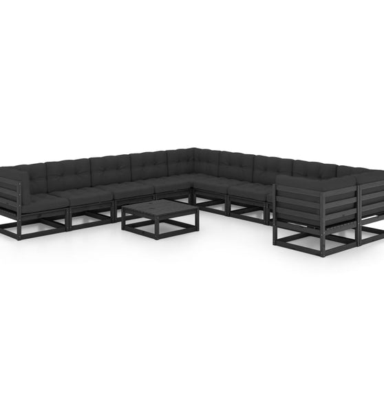 11-tlg. Garten-Lounge-Set mit Kissen Schwarz Kiefer Massivholz