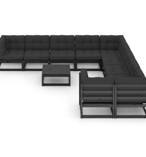 11-tlg. Garten-Lounge-Set mit Kissen Schwarz Kiefer Massivholz