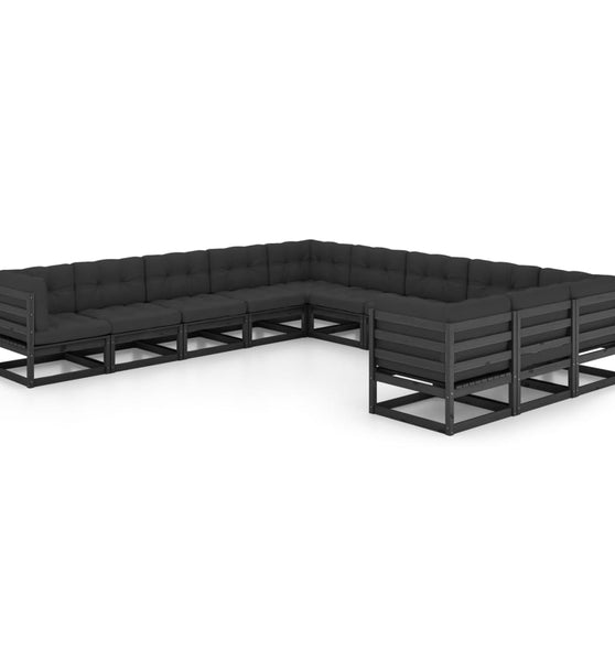 11-tlg. Garten-Lounge-Set mit Kissen Schwarz Kiefer Massivholz