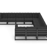 11-tlg. Garten-Lounge-Set mit Kissen Schwarz Kiefer Massivholz