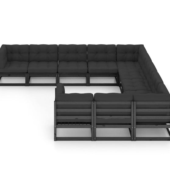 11-tlg. Garten-Lounge-Set mit Kissen Schwarz Kiefer Massivholz