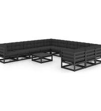 12-tlg. Garten-Lounge-Set mit Kissen Schwarz Massivholz Kiefer