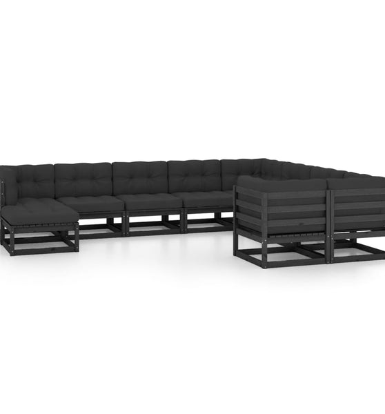 10-tlg. Garten-Lounge-Set mit Kissen Schwarz Massivholz Kiefer