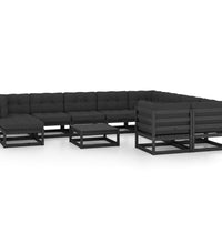 11-tlg. Garten-Lounge-Set mit Kissen Schwarz Kiefer Massivholz