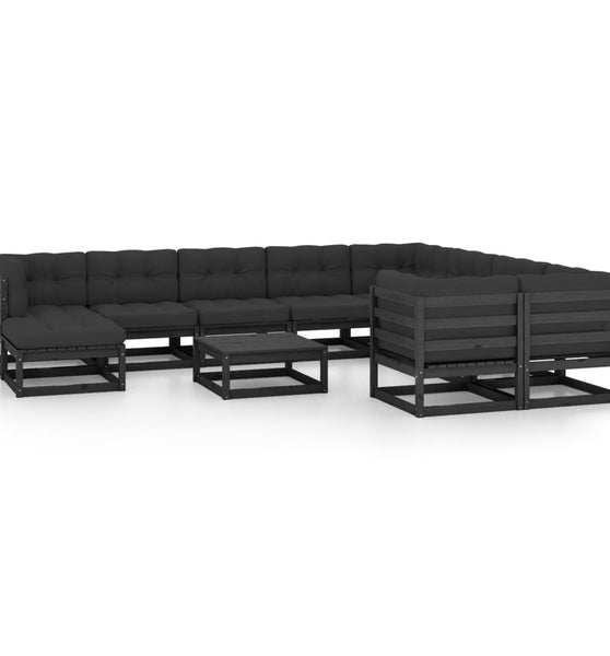 11-tlg. Garten-Lounge-Set mit Kissen Schwarz Kiefer Massivholz