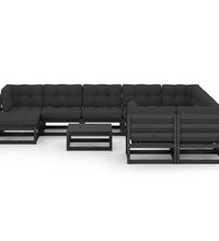 11-tlg. Garten-Lounge-Set mit Kissen Schwarz Kiefer Massivholz