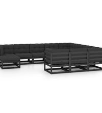 11-tlg. Garten-Lounge-Set mit Kissen Schwarz Kiefer Massivholz