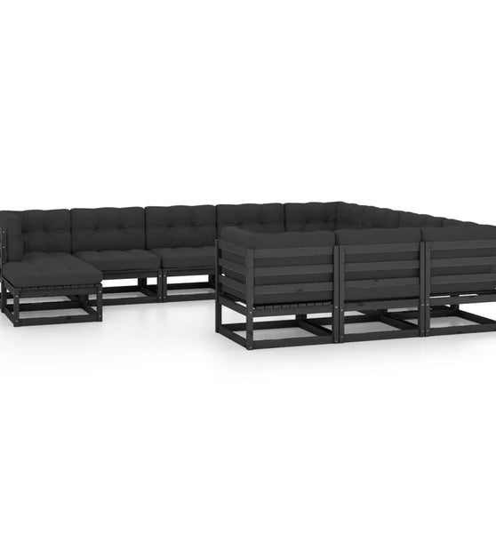 11-tlg. Garten-Lounge-Set mit Kissen Schwarz Kiefer Massivholz