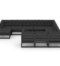 11-tlg. Garten-Lounge-Set mit Kissen Schwarz Kiefer Massivholz