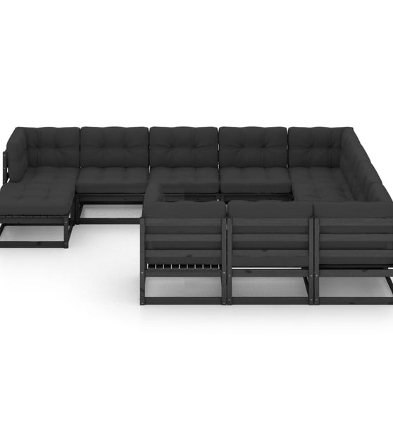 11-tlg. Garten-Lounge-Set mit Kissen Schwarz Kiefer Massivholz