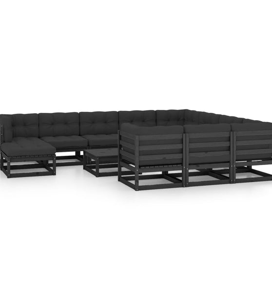 12-tlg. Garten-Lounge-Set mit Kissen Schwarz Massivholz Kiefer