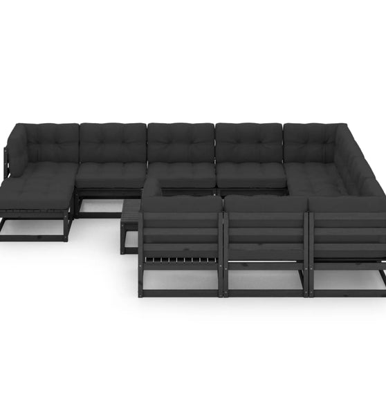 12-tlg. Garten-Lounge-Set mit Kissen Schwarz Massivholz Kiefer