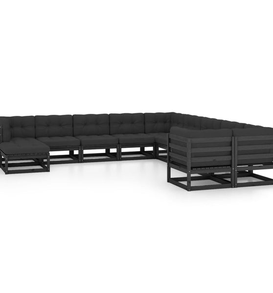 11-tlg. Garten-Lounge-Set mit Kissen Schwarz Kiefer Massivholz