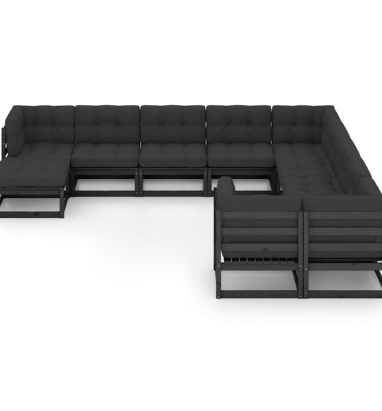 11-tlg. Garten-Lounge-Set mit Kissen Schwarz Kiefer Massivholz