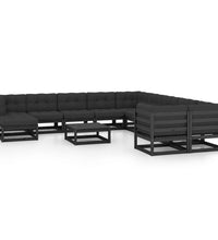 12-tlg. Garten-Lounge-Set mit Kissen Schwarz Massivholz Kiefer