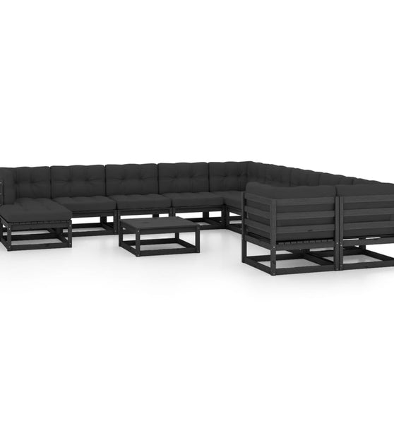 12-tlg. Garten-Lounge-Set mit Kissen Schwarz Massivholz Kiefer