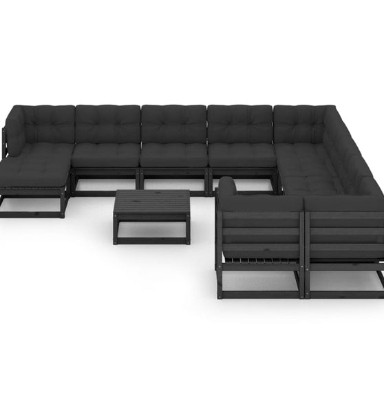 12-tlg. Garten-Lounge-Set mit Kissen Schwarz Massivholz Kiefer