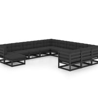 12-tlg. Garten-Lounge-Set mit Kissen Schwarz Massivholz Kiefer