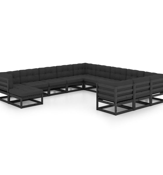 12-tlg. Garten-Lounge-Set mit Kissen Schwarz Massivholz Kiefer