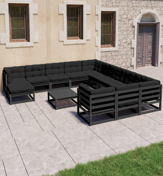 13-tlg. Garten-Lounge-Set mit Kissen Schwarz Massivholz Kiefer