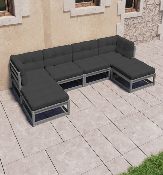 6-tlg. Garten-Lounge-Set mit Kissen Grau Massivholz Kiefer