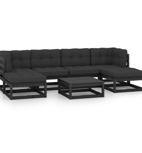 7-tlg. Garten-Lounge-Set mit Kissen Schwarz Massivholz Kiefer