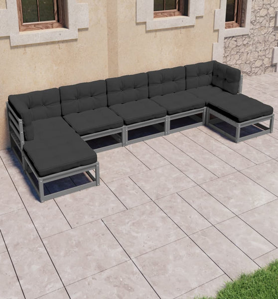 7-tlg. Garten-Lounge-Set mit Kissen Grau Massivholz Kiefer