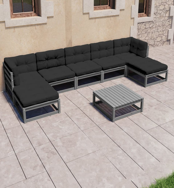 8-tlg. Garten-Lounge-Set mit Kissen Grau Massivholz Kiefer