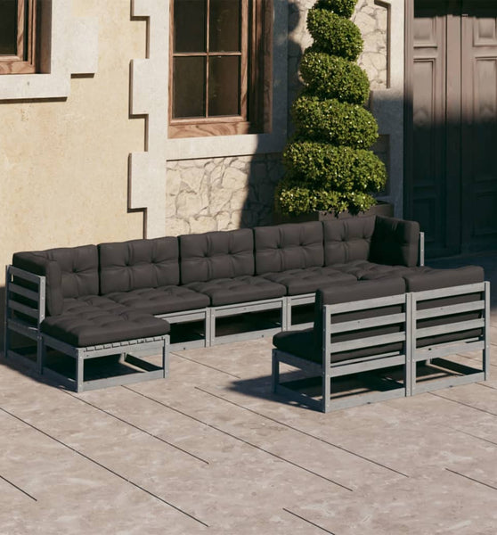 9-tlg. Garten-Lounge-Set mit Kissen Grau Massivholz Kiefer