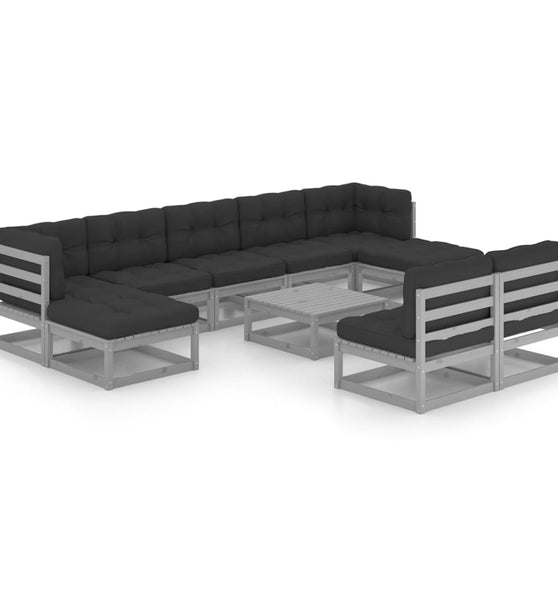 10-tlg. Garten-Lounge-Set mit Kissen Grau Massivholz Kiefer