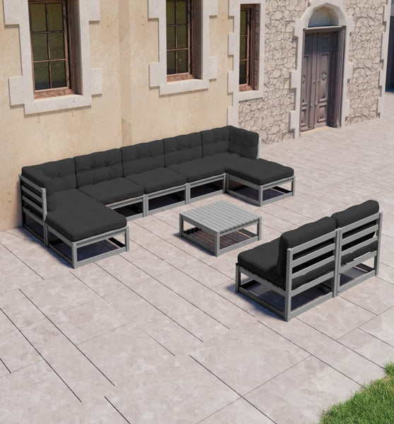 10-tlg. Garten-Lounge-Set mit Kissen Grau Massivholz Kiefer