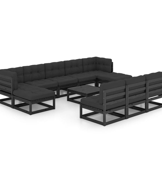 11-tlg. Garten-Lounge-Set mit Kissen Schwarz Kiefer Massivholz