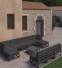 11-tlg. Garten-Lounge-Set mit Kissen Schwarz Kiefer Massivholz