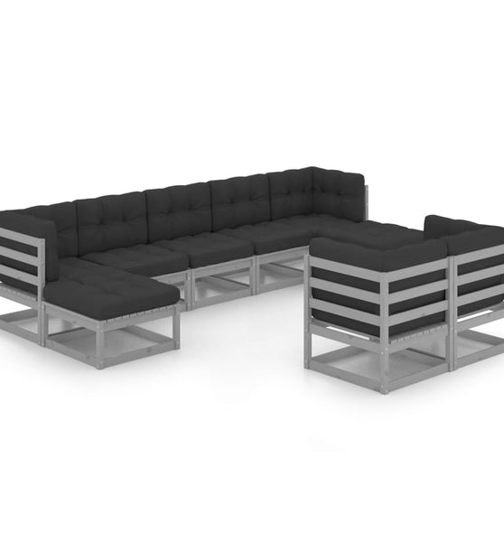 9-tlg. Garten-Lounge-Set mit Kissen Grau Massivholz Kiefer