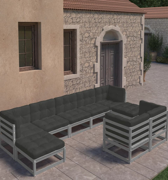 9-tlg. Garten-Lounge-Set mit Kissen Grau Massivholz Kiefer