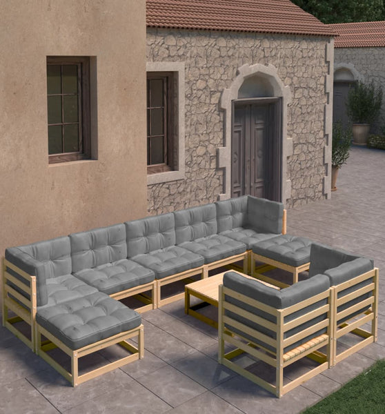 10-tlg. Garten-Lounge-Set mit Kissen Massivholz Kiefer