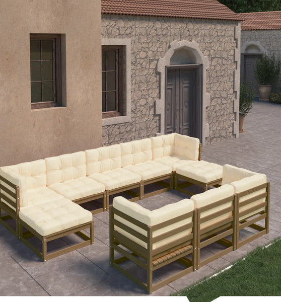 10-tlg. Garten-Lounge-Set mit Kissen Honigbraun Massivholz