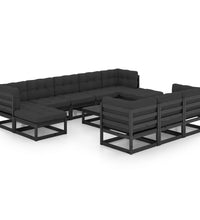 11-tlg. Garten-Lounge-Set mit Kissen Schwarz Kiefer Massivholz