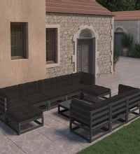 11-tlg. Garten-Lounge-Set mit Kissen Schwarz Kiefer Massivholz