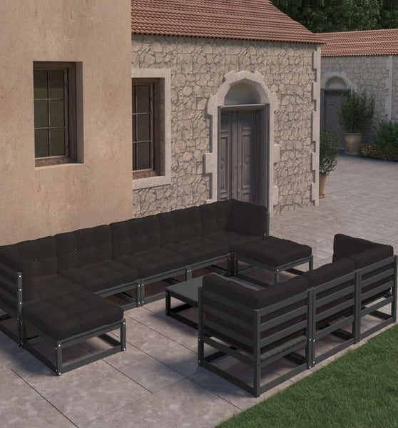 11-tlg. Garten-Lounge-Set mit Kissen Schwarz Kiefer Massivholz