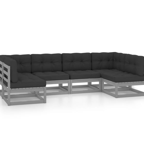 6-tlg. Garten-Lounge-Set mit Kissen Grau Massivholz Kiefer