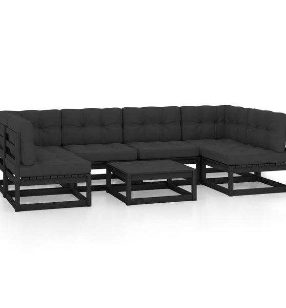 7-tlg. Garten-Lounge-Set mit Kissen Schwarz Massivholz Kiefer