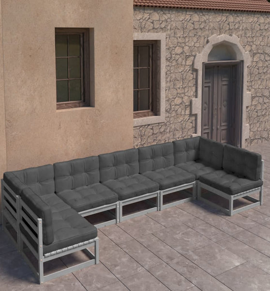 7-tlg. Garten-Lounge-Set mit Kissen Grau Massivholz Kiefer