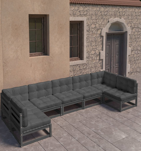 7-tlg. Garten-Lounge-Set mit Kissen Schwarz Massivholz Kiefer