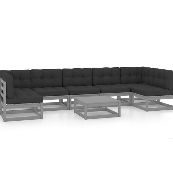 8-tlg. Garten-Lounge-Set mit Kissen Grau Massivholz Kiefer