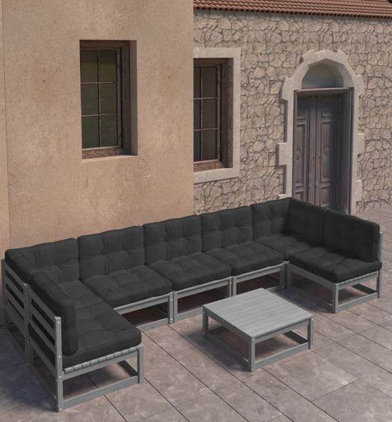 8-tlg. Garten-Lounge-Set mit Kissen Grau Massivholz Kiefer