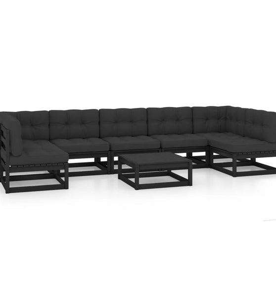 8-tlg. Garten-Lounge-Set mit Kissen Schwarz Massivholz Kiefer